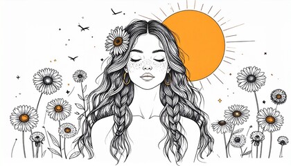 A woman meditating and doing yoga under the sun, artistic minimal drawing.