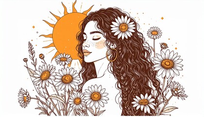 A woman meditating and doing yoga under the sun, artistic minimal drawing.