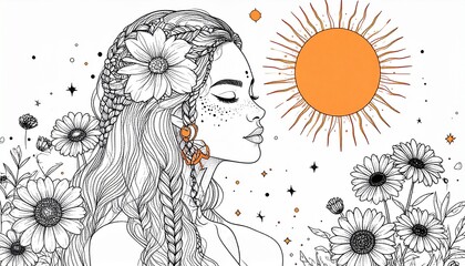 A woman meditating and doing yoga under the sun, artistic minimal drawing.