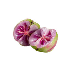 Close-up of a halved Purple Star Apple (Chrysophyllum cainito) showcasing vibrant purple and green