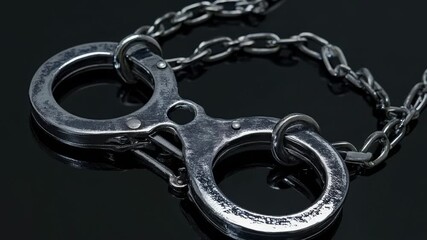A pair of handcuffs attached to a metal chain