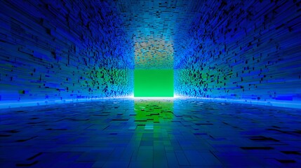 Abstract tunnel interior with vibrant blue and green hues.