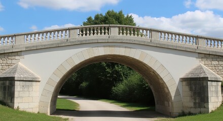 Fototapeta premium Elegant stone arch bridge over a pathway in a green park on a sunny day
