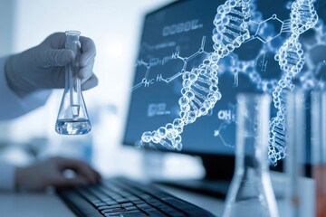 Scientist holding flask in lab, DNA graphic on computer screen