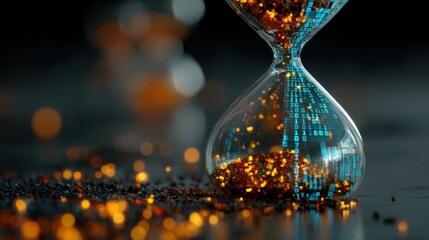 A futuristic hourglass filled with glowing particles and binary code, symbolizing the passage of time and technology's impact.