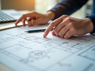 Hands pointing at architectural plans on a desk with a ruler and pencil, showcasing the intersection of aging population needs and modern technology solutions in design and engineering