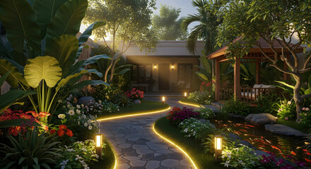 Obraz premium Lush Tropical Garden with Illuminated Stone Path and Koi Pond