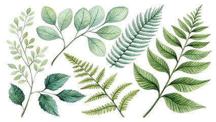 Watercolor illustration of various green leaves and fern fronds on a white background