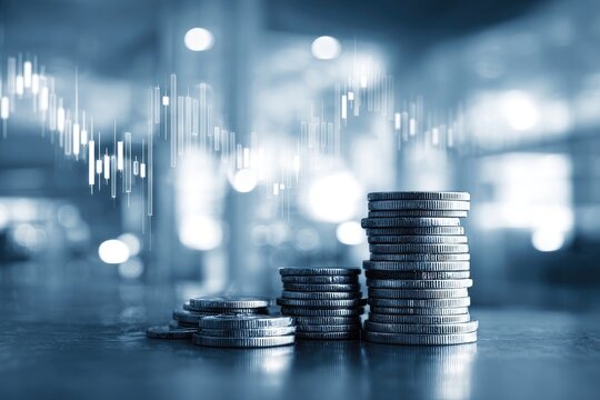 Stacks of coins on a table, financial chart overlay