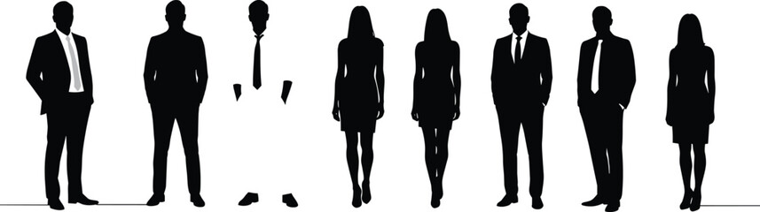 Business team silhouettes, office professionals, male and female staff, formal wear, leadership concept, teamwork illustration, corporate people vector, standing pose.