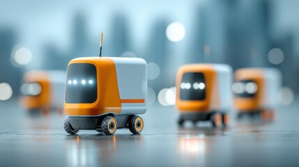 A futuristic scene featuring small autonomous delivery vehicles with a sleek design, set against a blurred urban background.