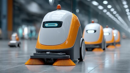 A line of robotic cleaners with advanced sensors, designed for efficient floor cleaning in a modern, spacious environment.