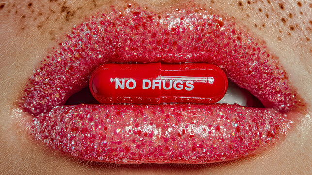 Glossy pink mouth displaying a red warning pill