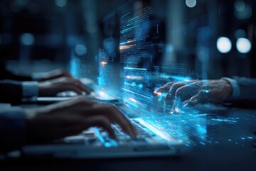 Two people coding on laptops with glowing code overlay