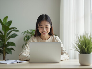 young asian woman using computer at home while working on digital technology connected with aging population, enjoying time in cozy environment surrounded by indoor plants