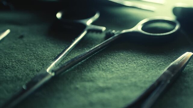 Surgical medical instruments laid out on green linen CLOSE-UP slide reveal