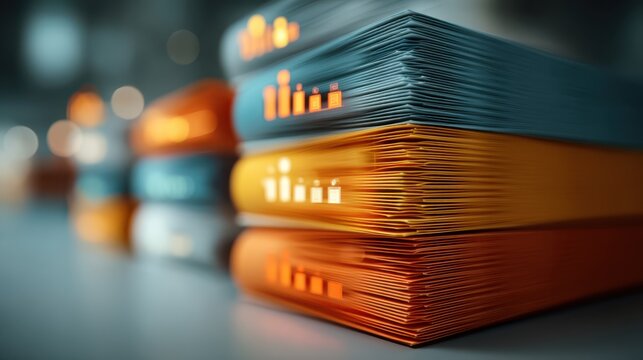 Stacked colorful files or documents with glowing icons, showcasing an organized workspace or digital information management system.