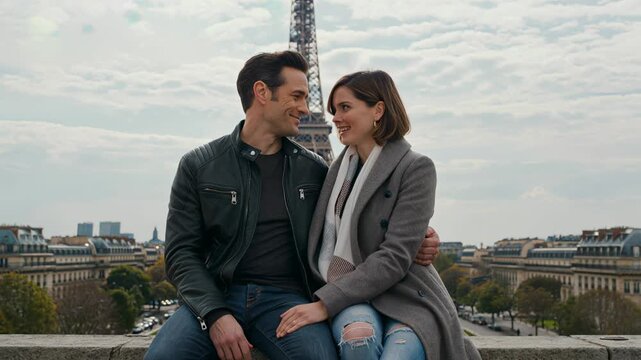 Mature couple having tender moment and kissing each other with Eiffel tower in Paris in background - People and vacation concept - Models by AI generative