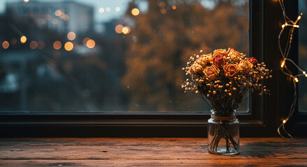 Bouquet of flowers in a glass vase on wooden table by window at dusk Concept of autumn, fall