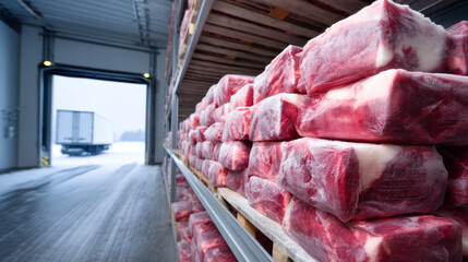 Frozen food delivery service cold chain shipping. Frozen meat cold storage shipping delivery warehouse logistics supply chain truck winter
