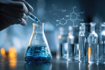 Scientist in lab coat adds liquid to flask.  Chemical formulas float above