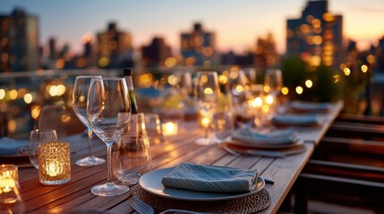 Rooftop Dinner Party, City View, Elegant Table Setting