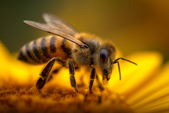 Close-up of a honey bee pollinating a sunflower