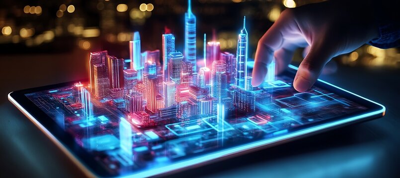 A glowing AR tablet projecting a city plan with smart tech integration 