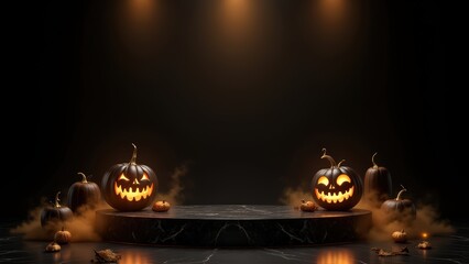 Premium Halloween 3D podium scene with golden fog