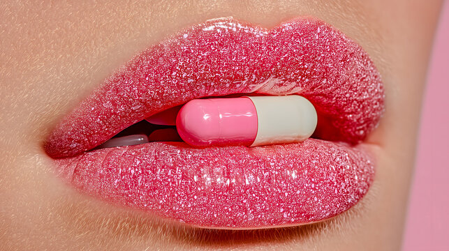 Pink glitter lips holding a two tone capsule