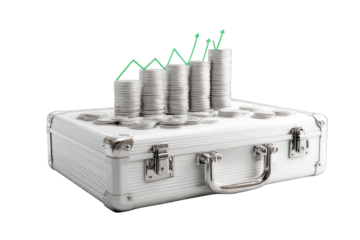 Stacked coins on a white briefcase, green upward trend