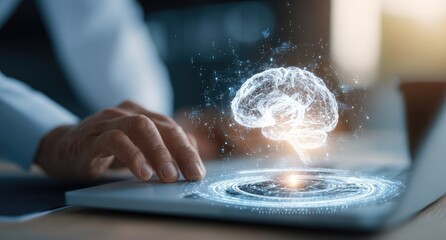 A person's hands on a laptop with a holographic brain graphic overlay
