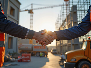 building partnerships in construction industry at sunset, two diverse workers shake hands, uniting technology and teamwork for a better future, promoting collaboration and progress