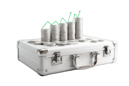 Stacked coins on a white briefcase, green upward trend