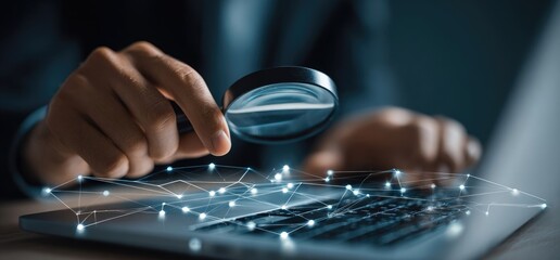 A person uses a magnifying glass to examine a laptop keyboard overlaid with glowing network connections