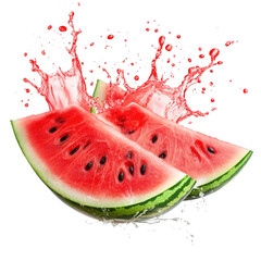 Delicious watermelon slices with splash freshness and refreshing summer fruit concept transparent background