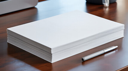 Thick stack of blank white paper with a pen on desk