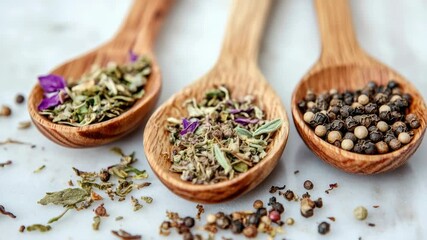 Three wooden spoons filled with different spices