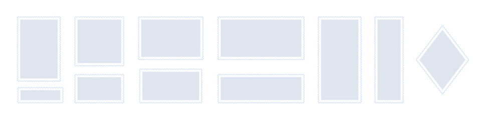Light gray postage stamps set. Blank post stamps in various rectangular and diamond shapes with perforated edges. Vector illustration isolated on white background for poster, banner, badge, sticker.