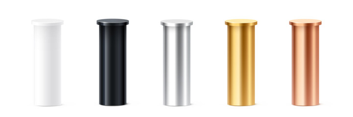 Metallic cylinder podium columns in white, black, silver, gold, and bronze colors. 3D pedestal pillars for ranking, product display, award ceremony. Realistic vector illustration.