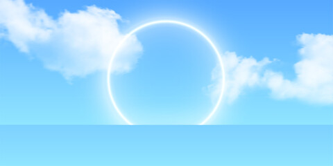 Blue sky with clouds, sea horizon and glowing circle background. Bright white light ring above calm ocean horizon. Nature scene for product placement. Abstract vector illustration.