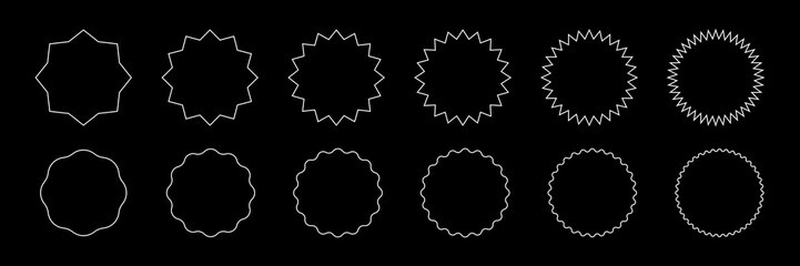 Blank badge outlines set. Collection of circular label frames with zigzag, wavy, and starburst edges. White line shapes isolated on black background. Graphic vector illustration.