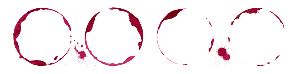 Wine glass stains set. Red circular wine rings and splashes on white background. Realistic beverage marks collection for bar or restaurant design, menu decoration. Texture vintage vector illustration. © backup16