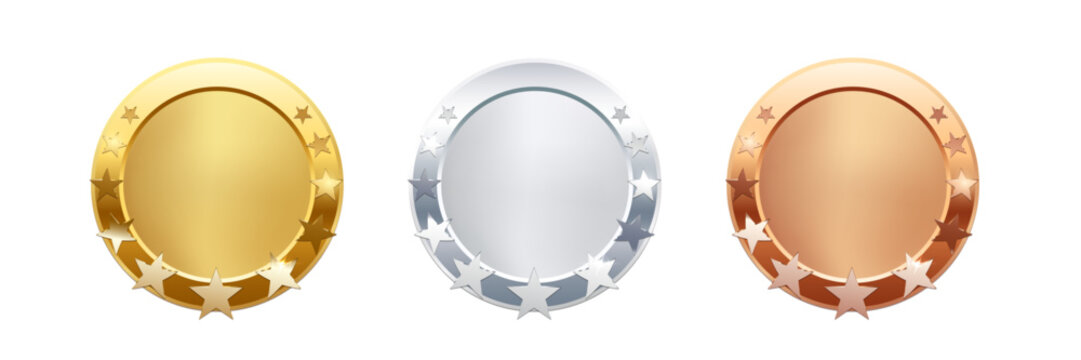 Gold, silver, and bronze medals with decorative stars. Blank award badges for first, second, and third place. Winner podium symbols. Realistic vector illustration.