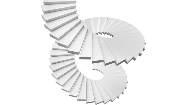 a modern, abstract spiral staircase made from white rectangular steps, twisting upward in a dynamic, geometric formation, minimalistic style,.png