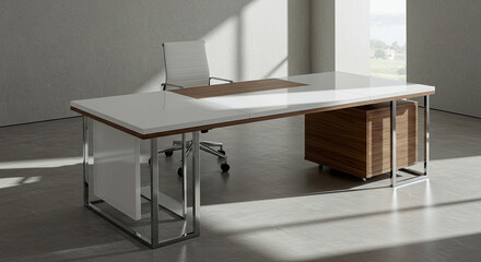Modern Executive Office Desk with White and Wood Design.