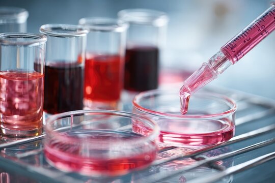 Lab glassware with colorful liquids and pipette