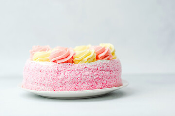 Delicate pink cake with colorful frosting on a white plate as a dessert option