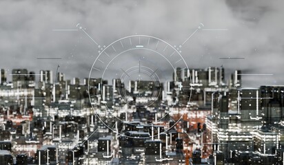 cityscape shrouded in a dark, overcast sky, overlaid with a futuristic, translucent HUD interface featuring a circular compass-like element and interconnected lines.