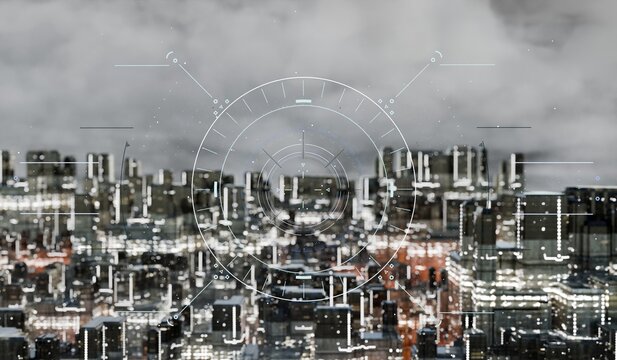 cityscape shrouded in a dark, overcast sky, overlaid with a futuristic, translucent HUD interface featuring a circular compass-like element and interconnected lines.